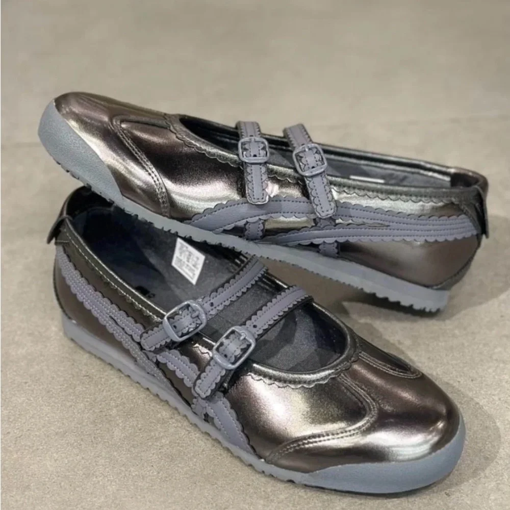 Onitsuka Tiger by Asics Metallic Gray Double-Strap Mary Jane Flats New w/o box
